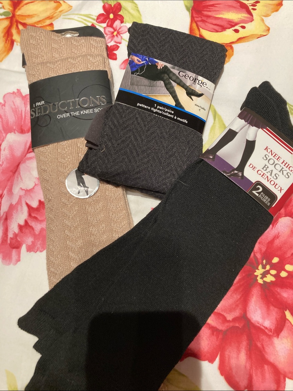 SEDUCTIONS Over-the-Knee Socks in Beige & 2 black knee socks & pattern tights